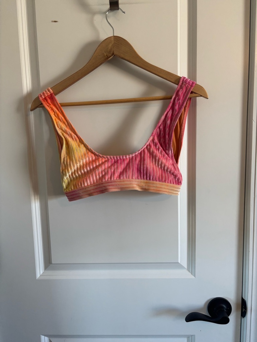 Ribbed Tie-Dye Scoop Bikini Top in Pink & Orange